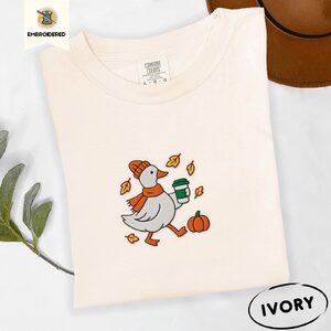Ivory Autumn Goose and Coffee Embroidered T-Shirt