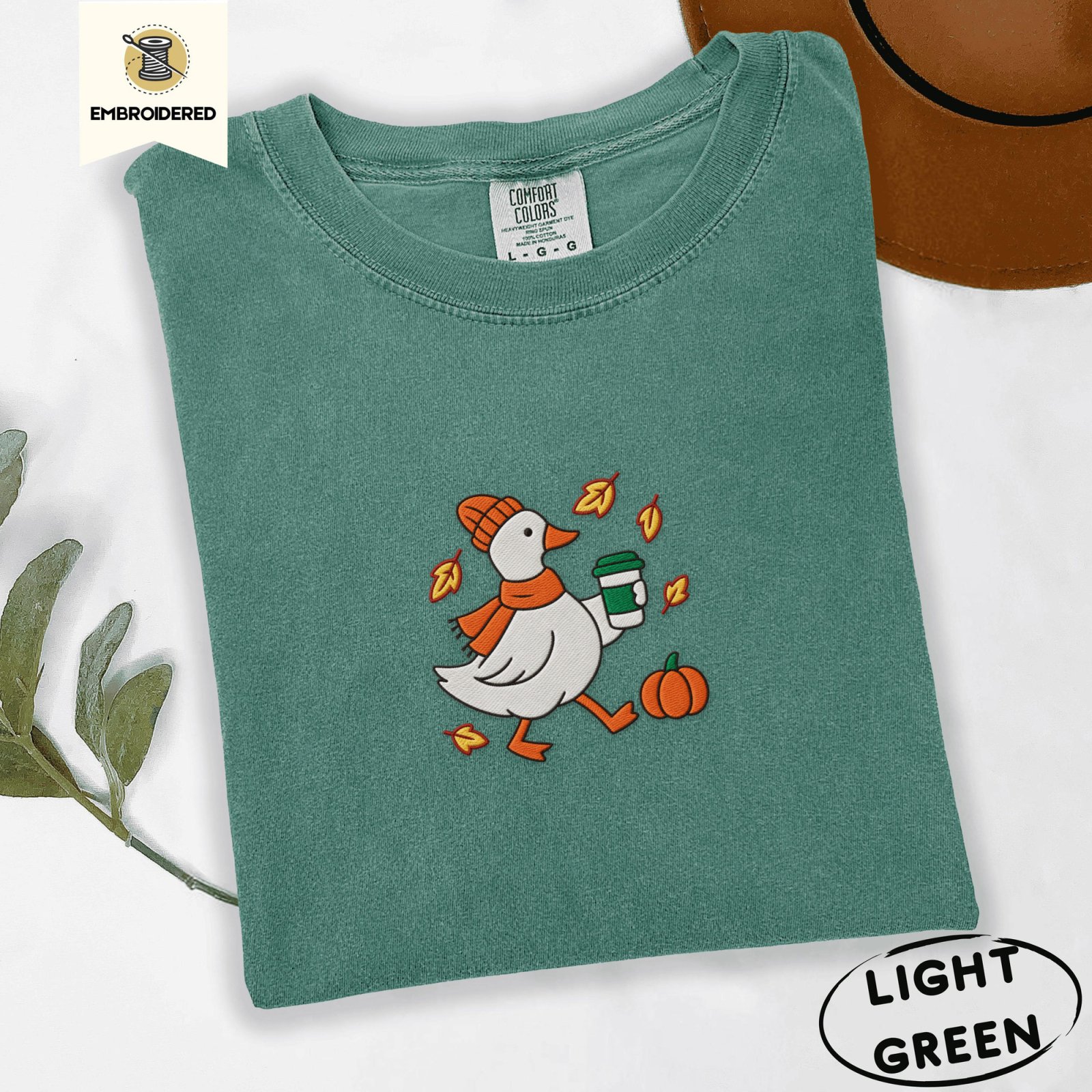 Light Green Autumn Goose and Coffee Embroidered T-Shirt