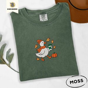 Moss Autumn Goose and Coffee Embroidered T-Shirt