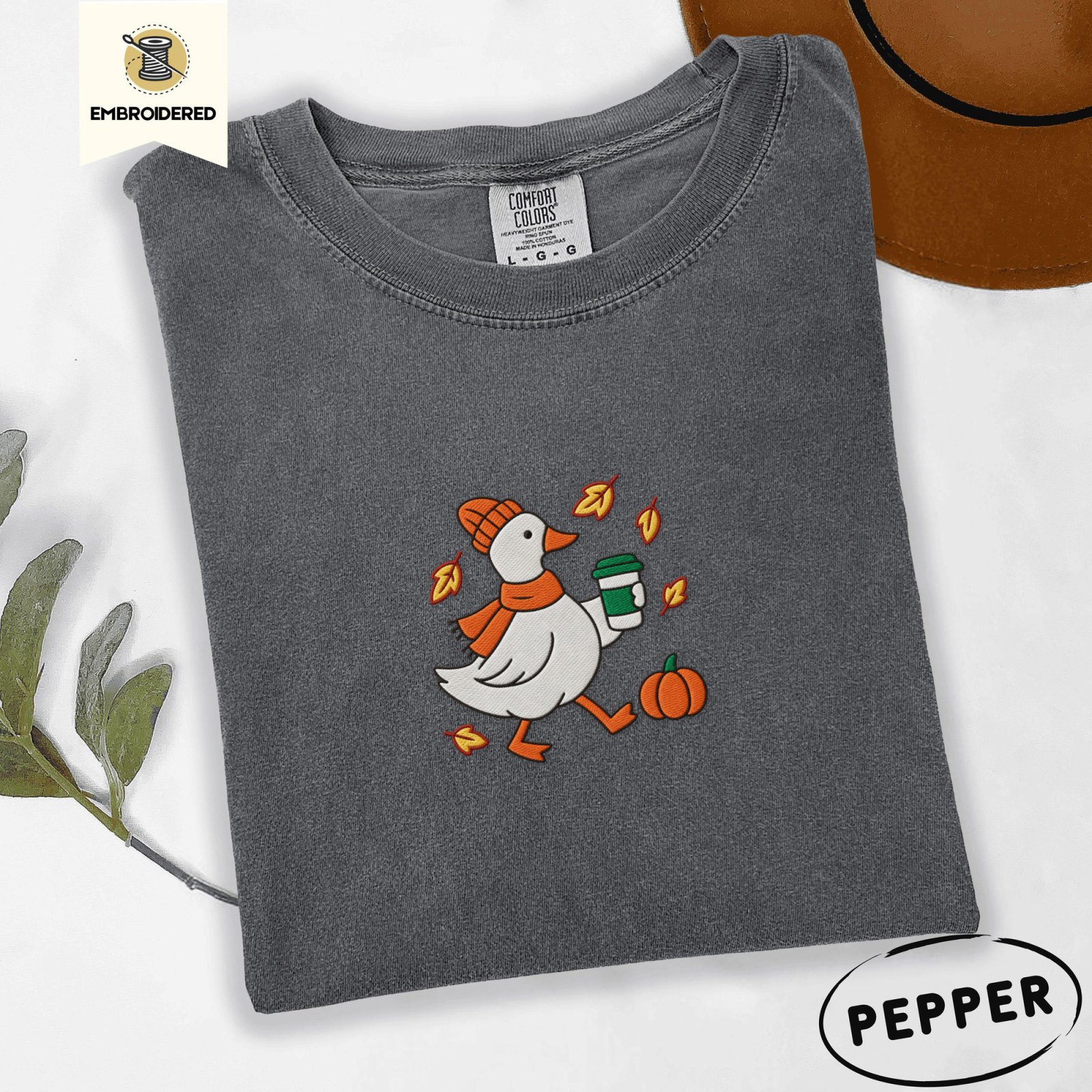 Pepper Autumn Goose and Coffee Embroidered T-Shirt