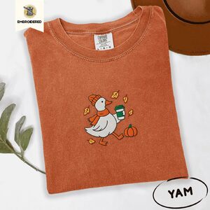 Yam Autumn Goose and Coffee Embroidered T-Shirt