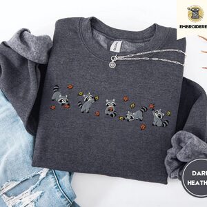 Dark Heather Autumn Raccoons and Leaves Embroidered Sweatshirt
