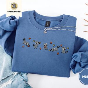 Indigo Blue Autumn Raccoons and Leaves Embroidered Sweatshirt