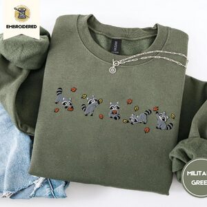 Military Green Autumn Raccoons and Leaves Embroidered Sweatshirt