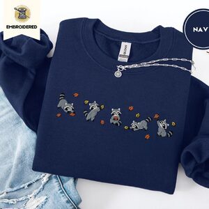 Navy Autumn Raccoons and Leaves Embroidered Sweatshirt