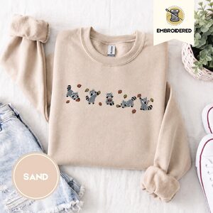 Sand Autumn Raccoons and Leaves Embroidered Sweatshirt