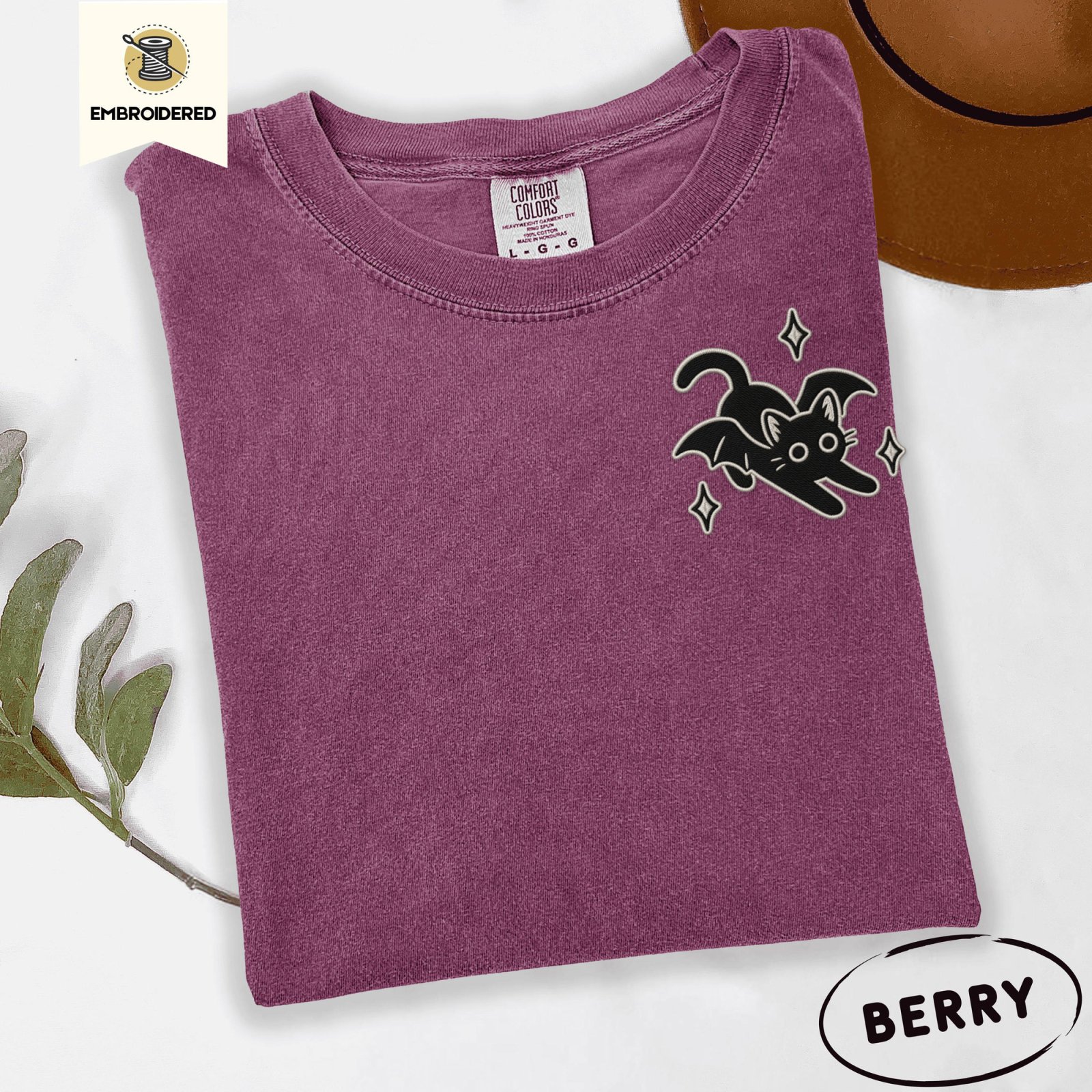 Berry Bat Wing Cat Embroidered T-Shirt