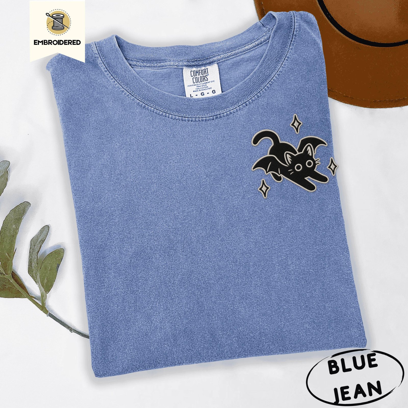 Blue Jean Bat Wing Cat Embroidered T-Shirt