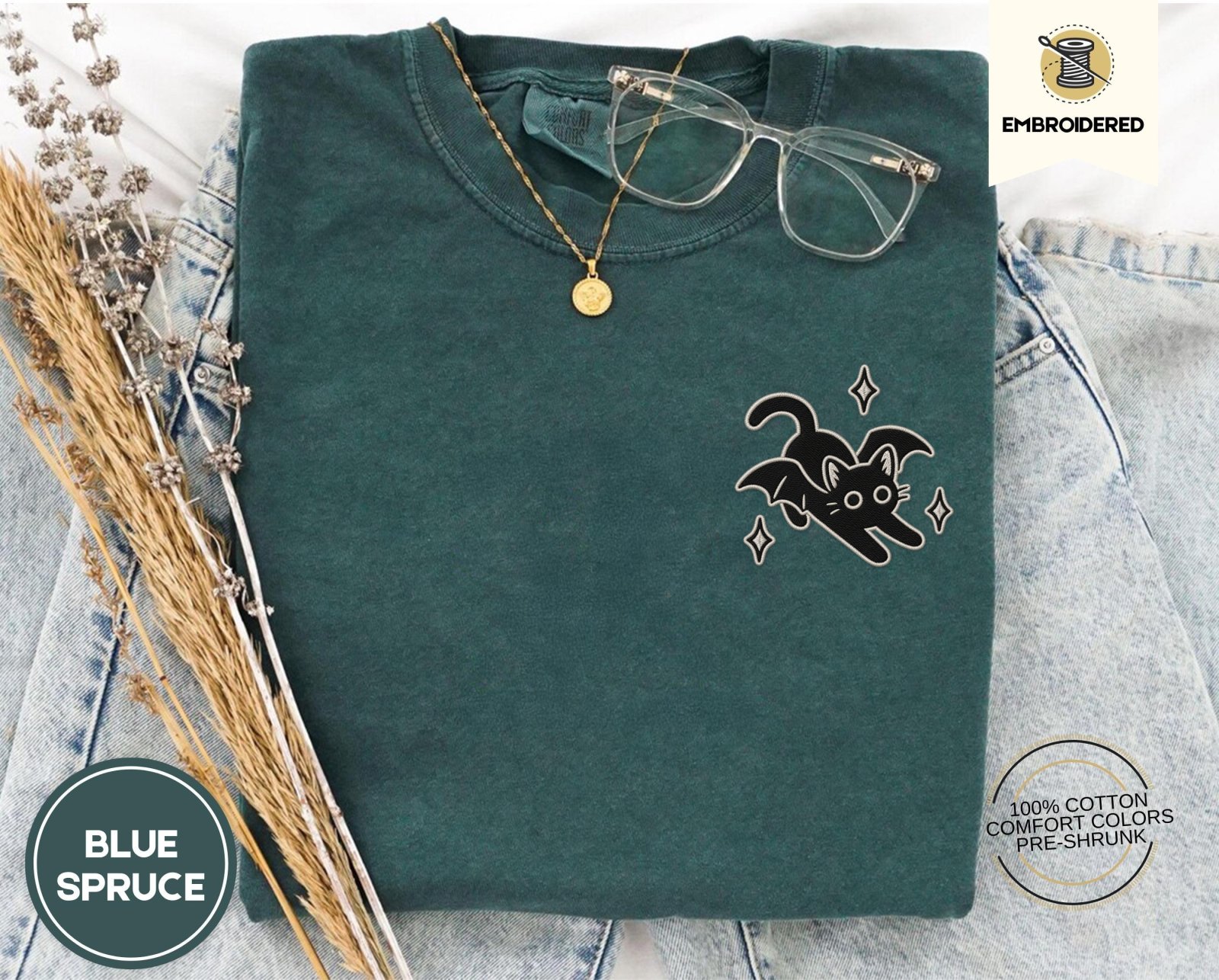 Blue Spruce Bat Wing Cat Embroidered T-Shirt