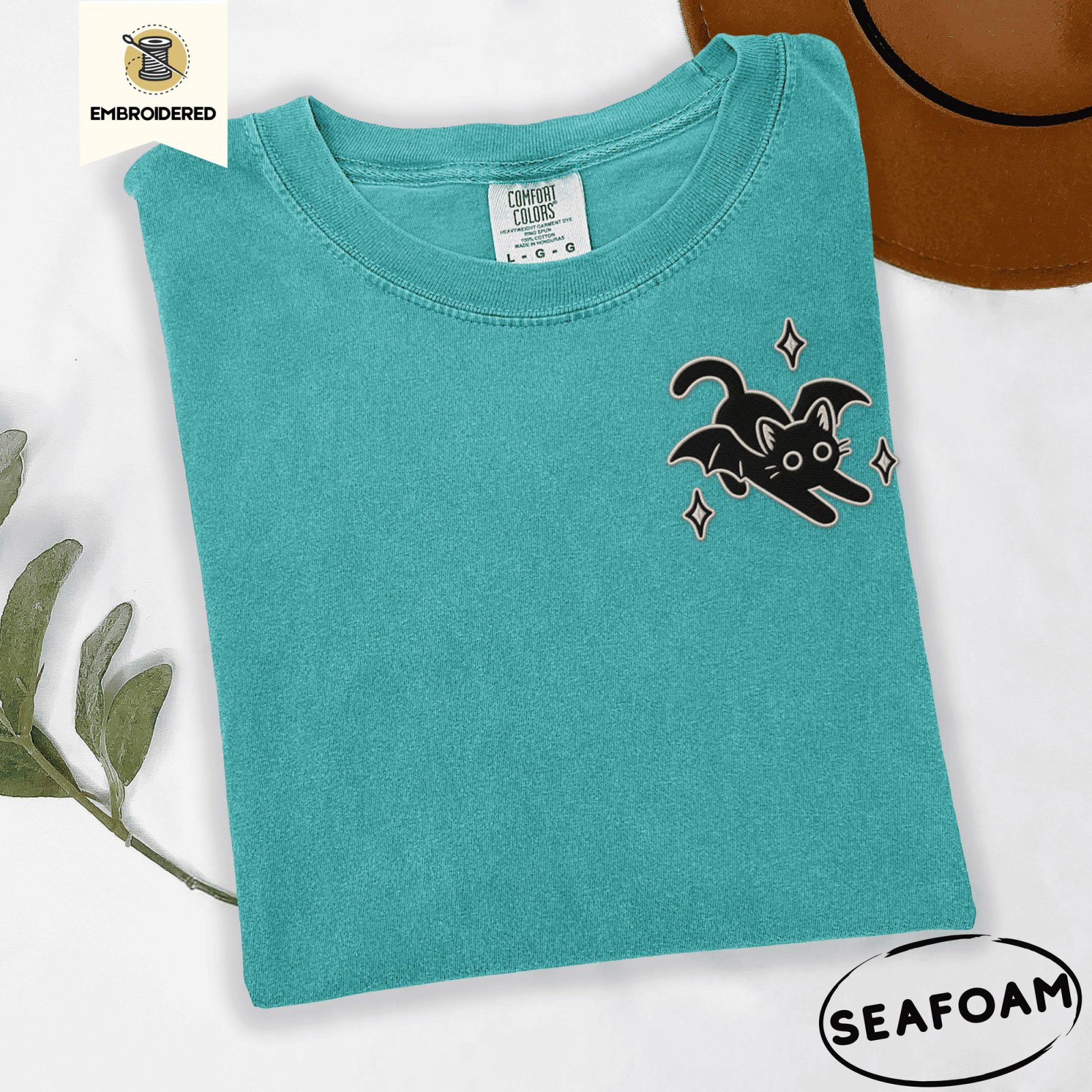 Seafoam Bat Wing Cat Embroidered T-Shirt