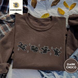 Dark Chocolate Bat Wing Cats Embroidered Sweatshirt