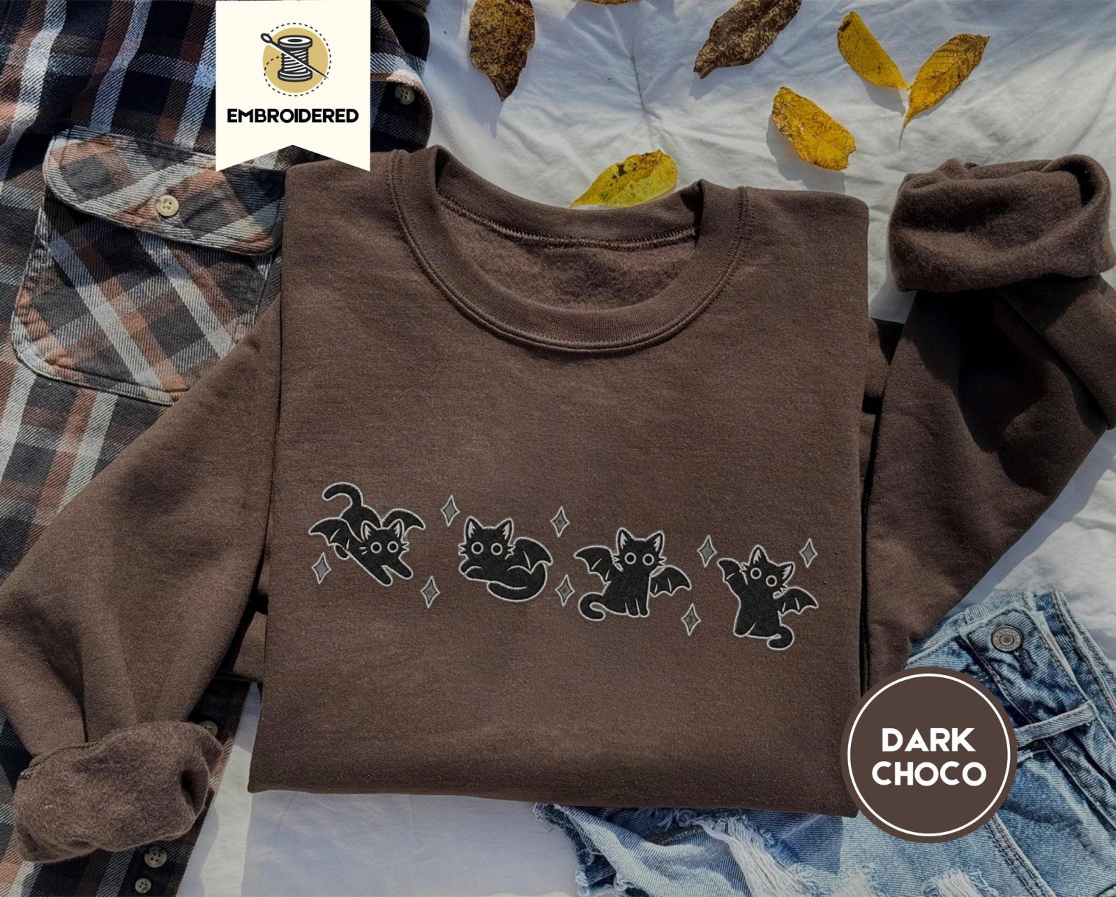 Dark Chocolate Bat Wing Cats Embroidered Sweatshirt
