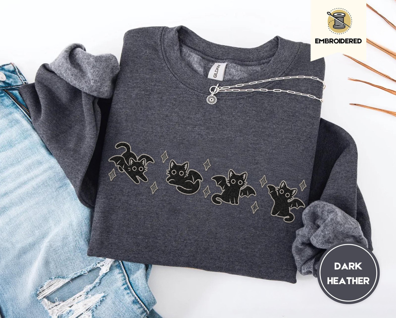 Dark Heather Bat Wing Cats Embroidered Sweatshirt