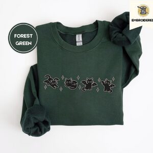 Forest Green Bat Wing Cats Embroidered Sweatshirt