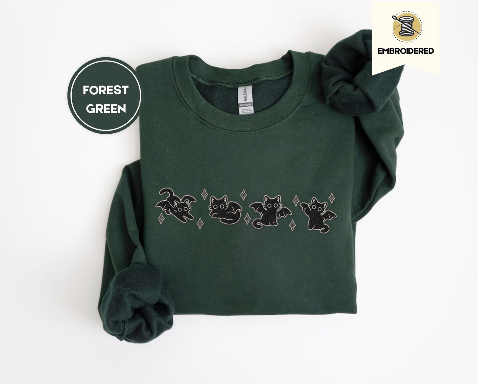 Forest Green Bat Wing Cats Embroidered Sweatshirt