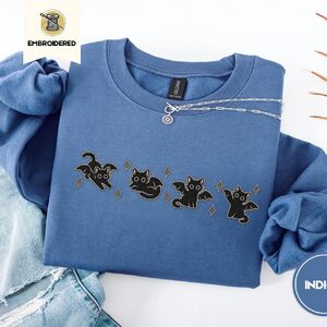 Indigo Blue Bat Wing Cats Embroidered Sweatshirt