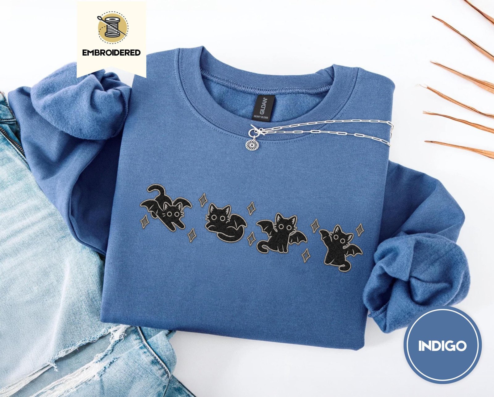 Indigo Blue Bat Wing Cats Embroidered Sweatshirt