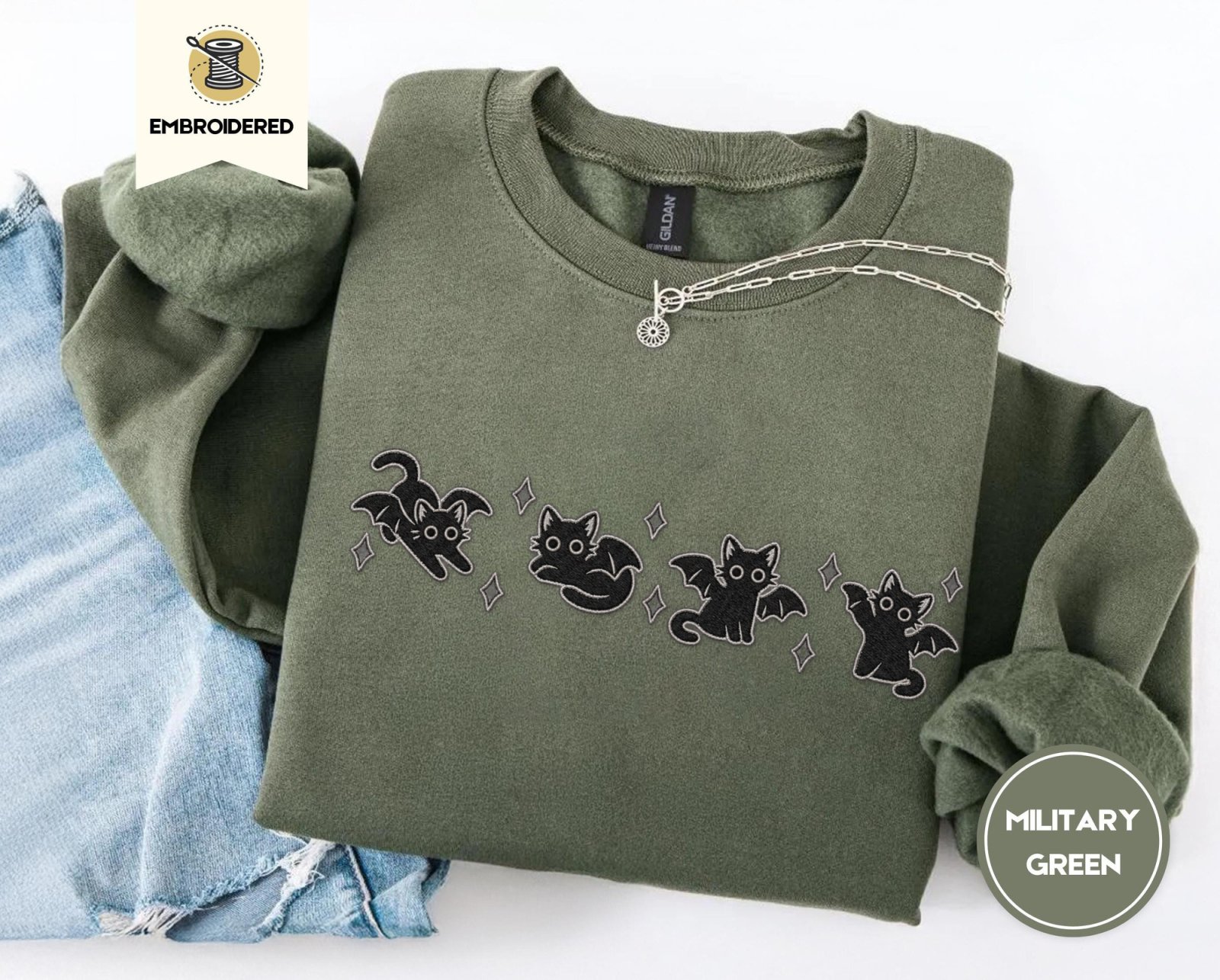 Military Green Bat Wing Cats Embroidered Sweatshirt