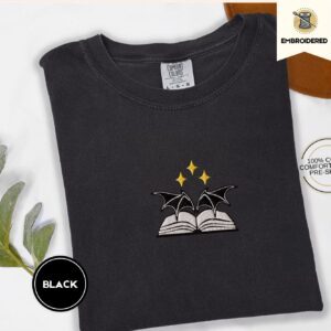 Black Bat Wings and Book Embroidered T-Shirt