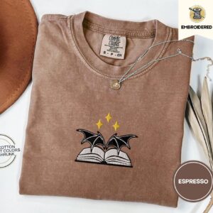Espresso Bat Wings and Book Embroidered T-Shirt