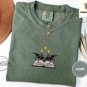 Moss Bat Wings and Book Embroidered T-Shirt