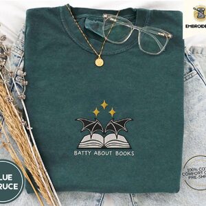 Blue Spruce Batty About Books Embroidered T-Shirt