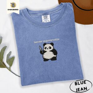 Blue Jean Become Ungovernable Panda Embroidered T-Shirt