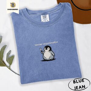 Blue Jean Become Ungovernable Penguin Embroidered T-Shirt