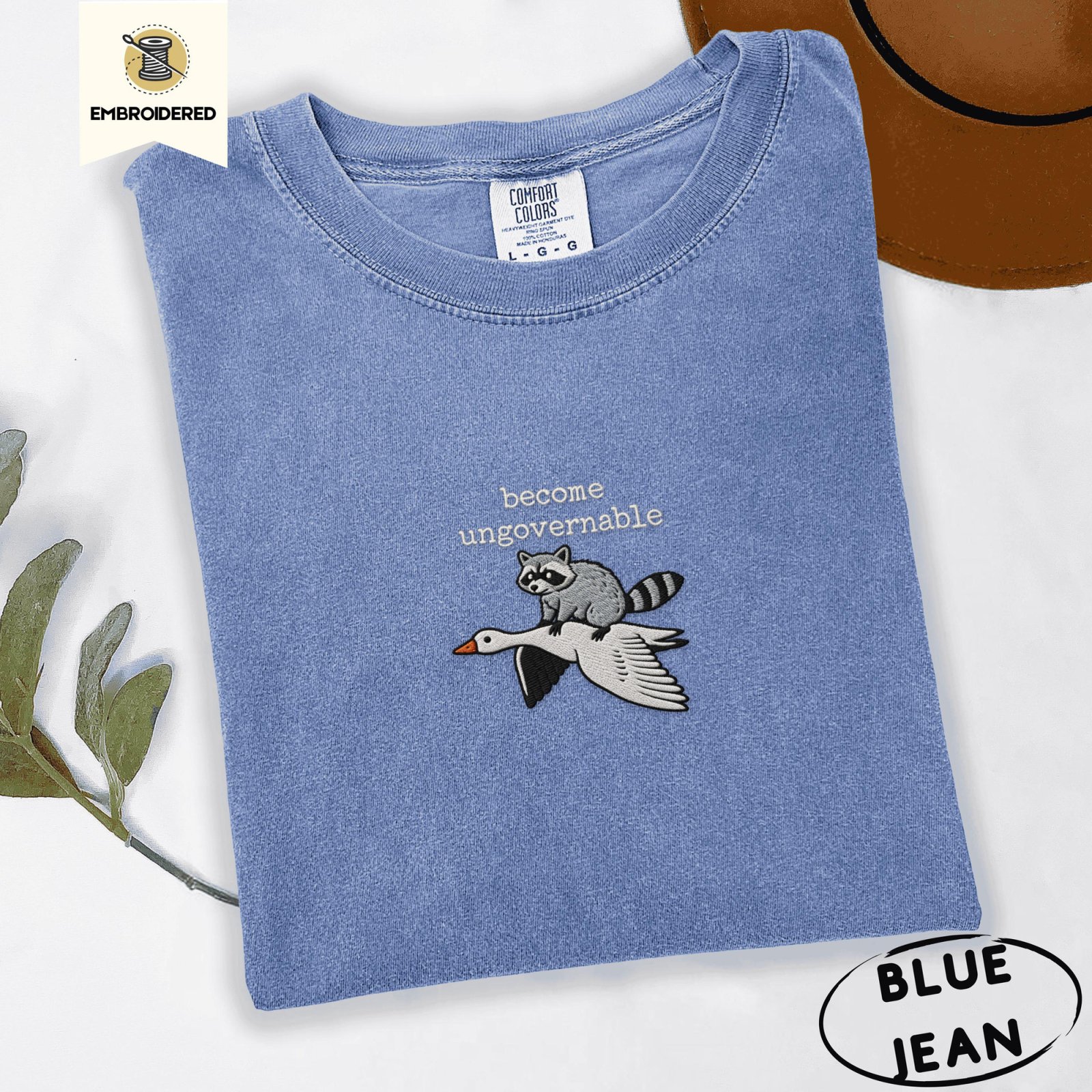Blue Jean Become Ungovernable Raccoon Goose Embroidered T-Shirt