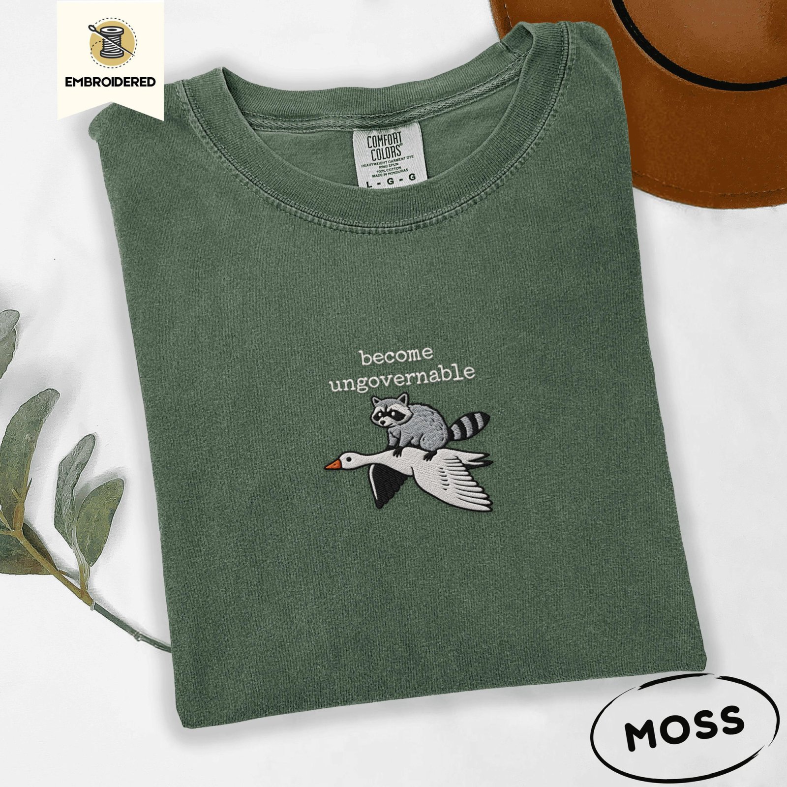 Moss Become Ungovernable Raccoon Goose Embroidered T-Shirt