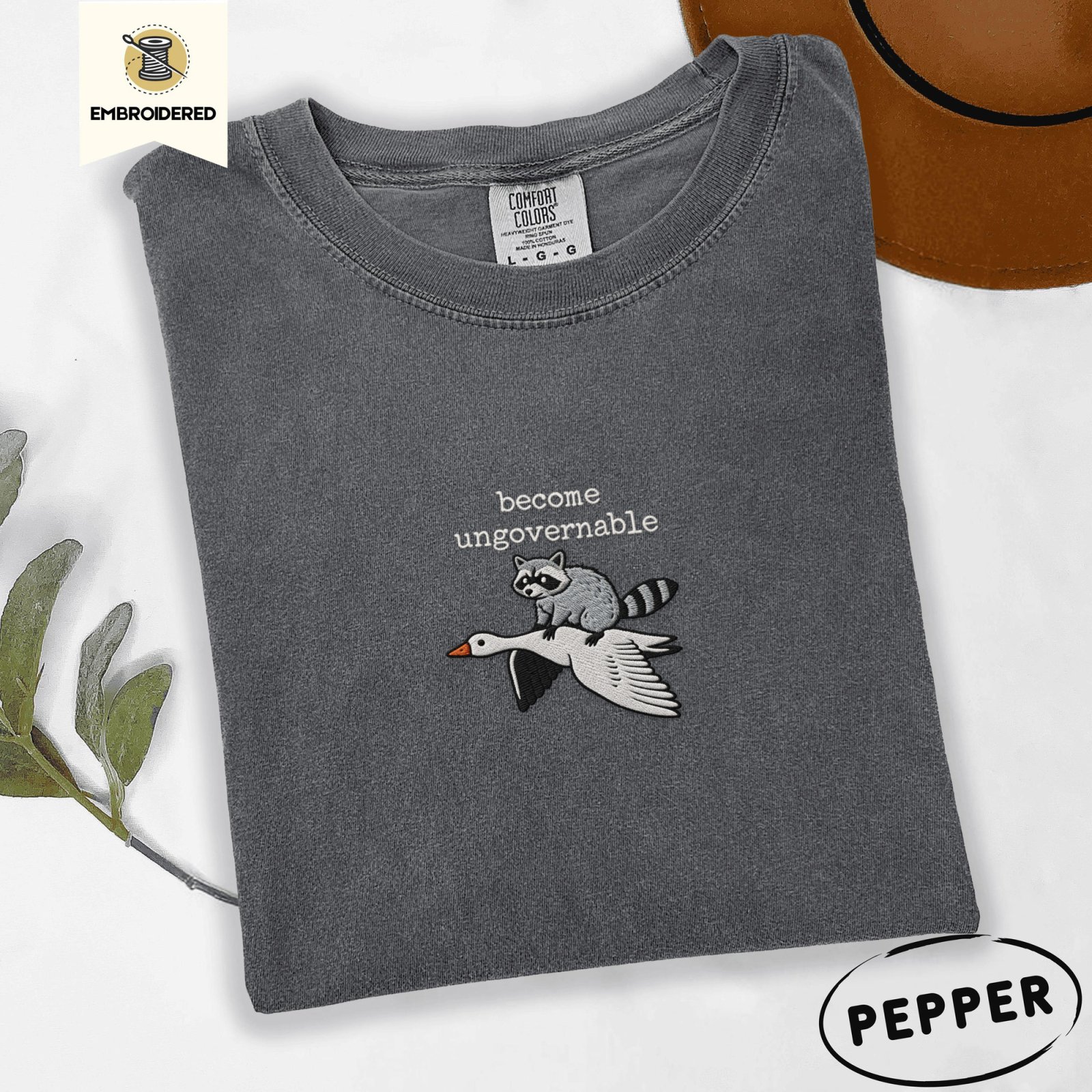 Pepper Become Ungovernable Raccoon Goose Embroidered T-Shirt