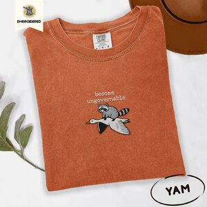 Yam Become Ungovernable Raccoon Goose Embroidered T-Shirt