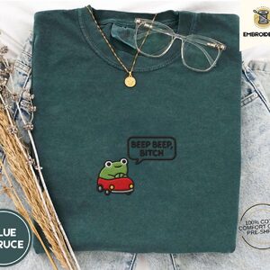 Blue Spruce Beep Beep Driving Frog Embroidered T-Shirt