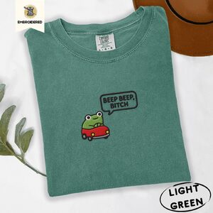 Light Green Beep Beep Driving Frog Embroidered T-Shirt