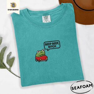 Seafoam Beep Beep Driving Frog Embroidered T-Shirt