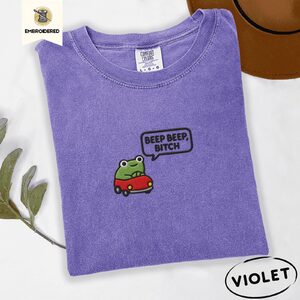 Violet Beep Beep Driving Frog Embroidered T-Shirt