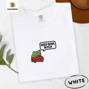 White Beep Beep Driving Frog Embroidered T-Shirt
