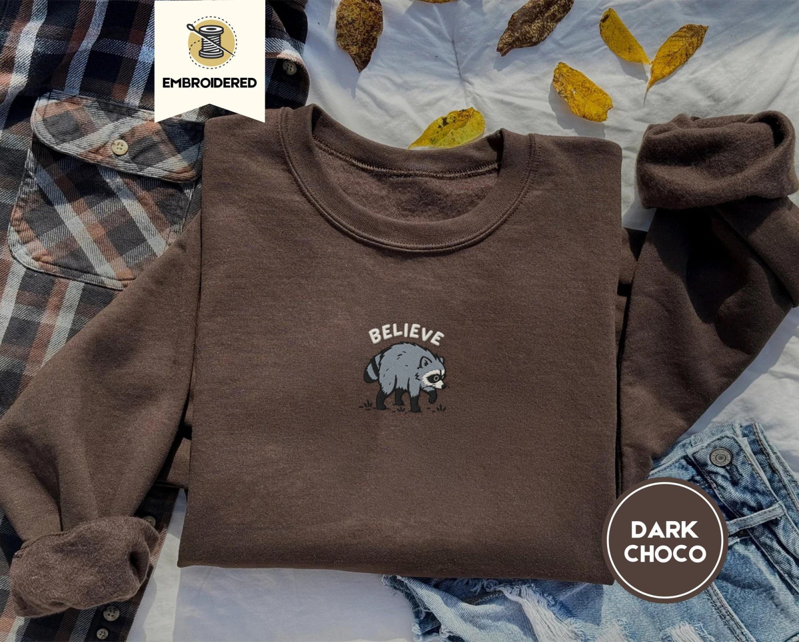 Dark Chocolate Believe Raccoon Embroidered Sweatshirt