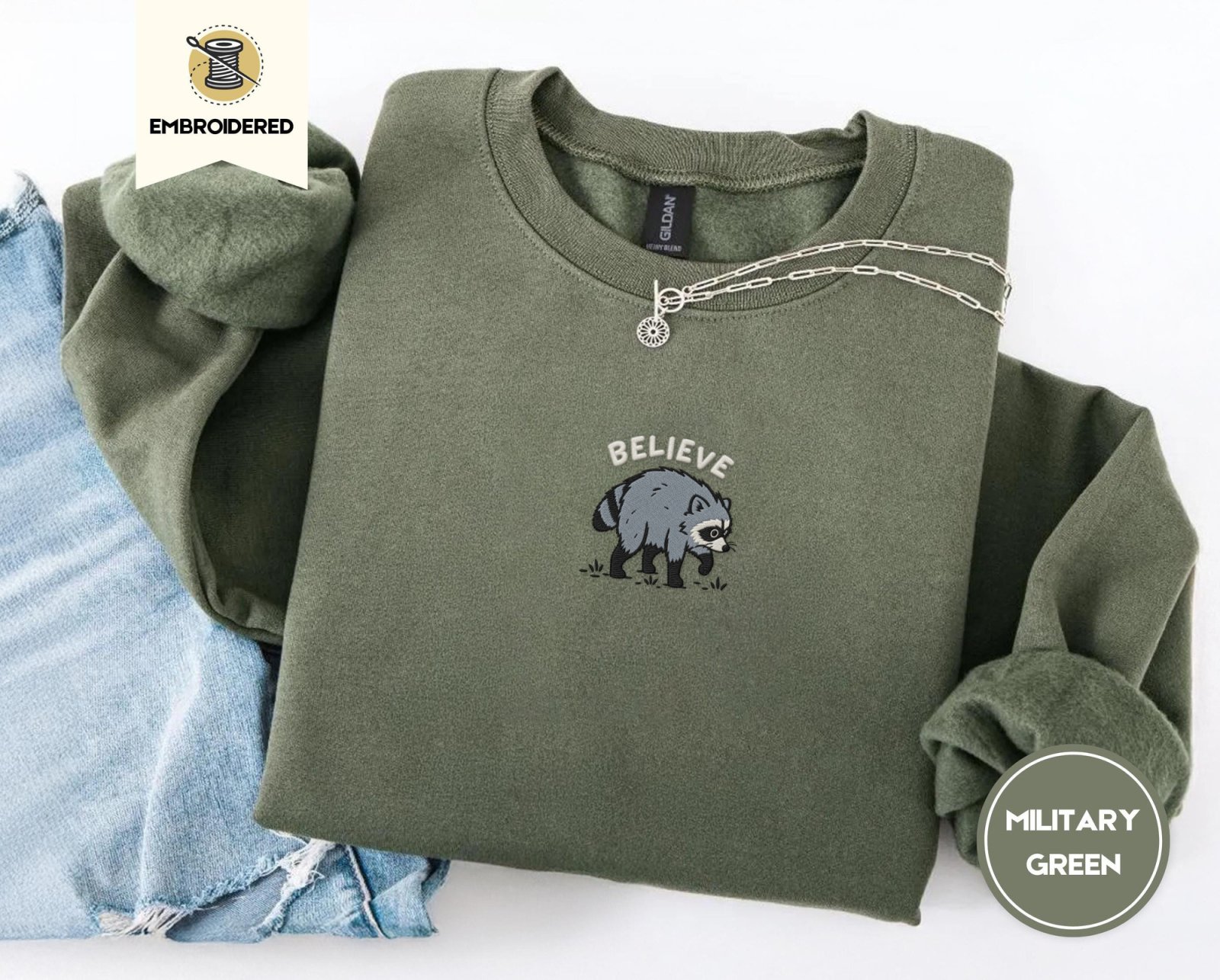 Military Green Believe Raccoon Embroidered Sweatshirt