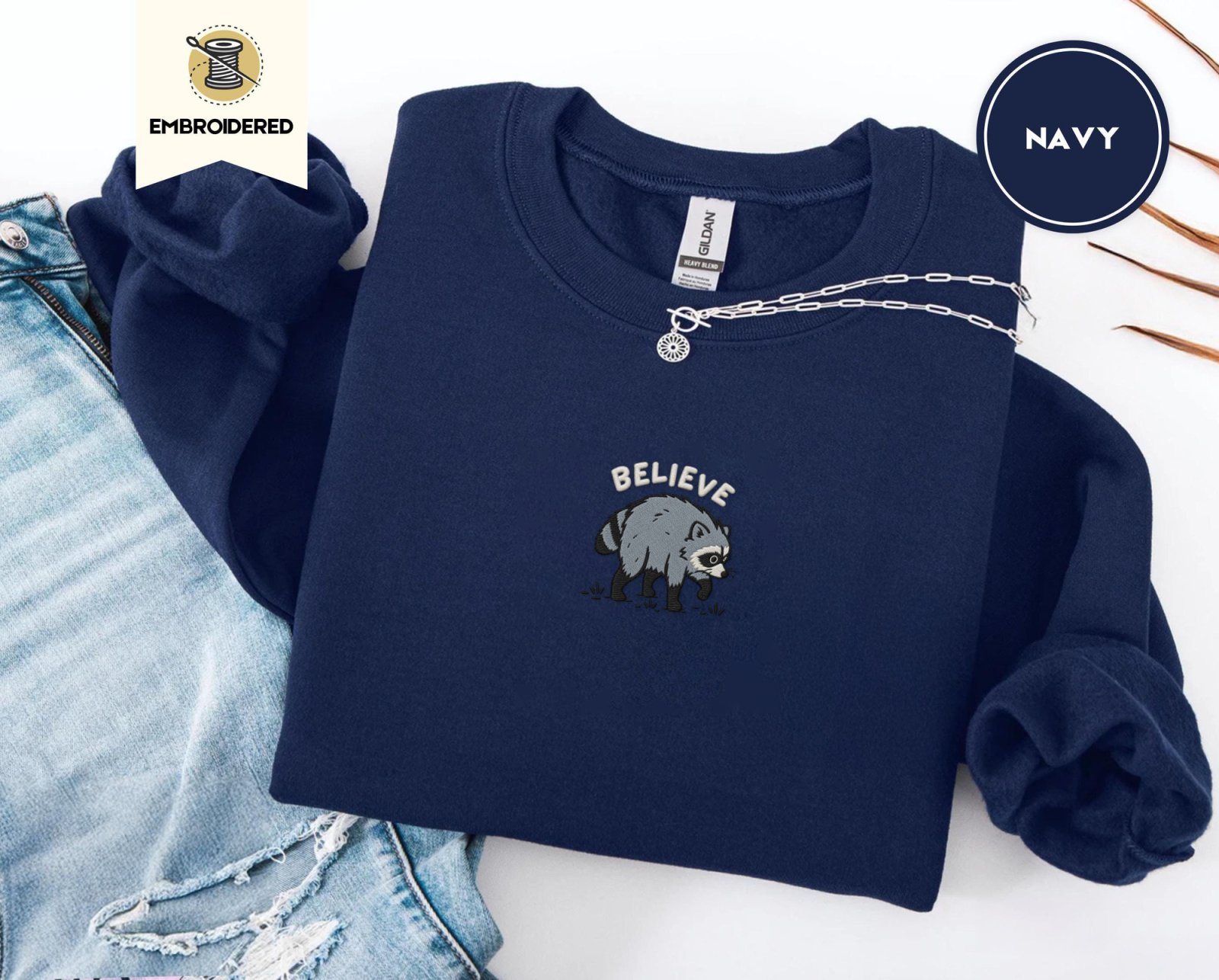 Navy Believe Raccoon Embroidered Sweatshirt