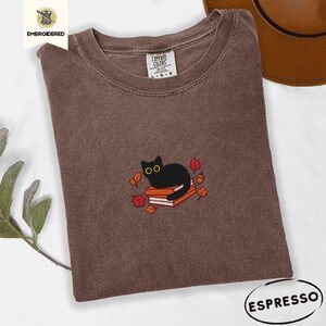 Espresso Black Cat and Autumn Leaves Embroidered T-Shirt