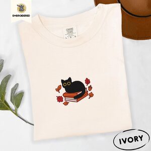 Ivory Black Cat and Autumn Leaves Embroidered T-Shirt