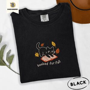 Black Black Cat and Book Embroidered T-Shirt
