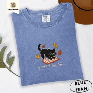 Blue Jean Black Cat and Book Embroidered T-Shirt