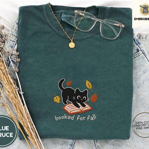 Blue Spruce Black Cat and Book Embroidered T-Shirt