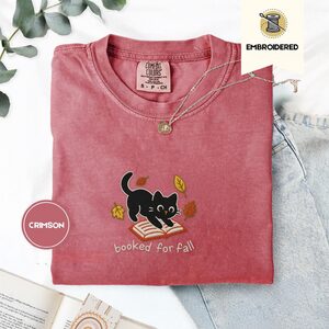 Crimson Black Cat and Book Embroidered T-Shirt