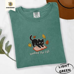 Light Green Black Cat and Book Embroidered T-Shirt