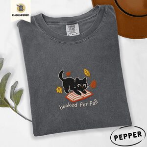 Pepper Black Cat and Book Embroidered T-Shirt