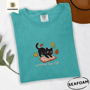 Seafoam Black Cat and Book Embroidered T-Shirt