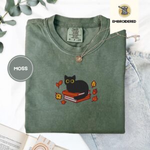 Moss Black Cat and Books Embroidered T-Shirt